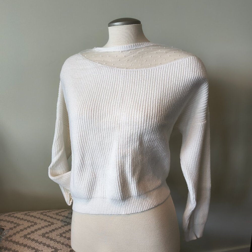 Long Sleeve Mesh Neck Sweater White Knit